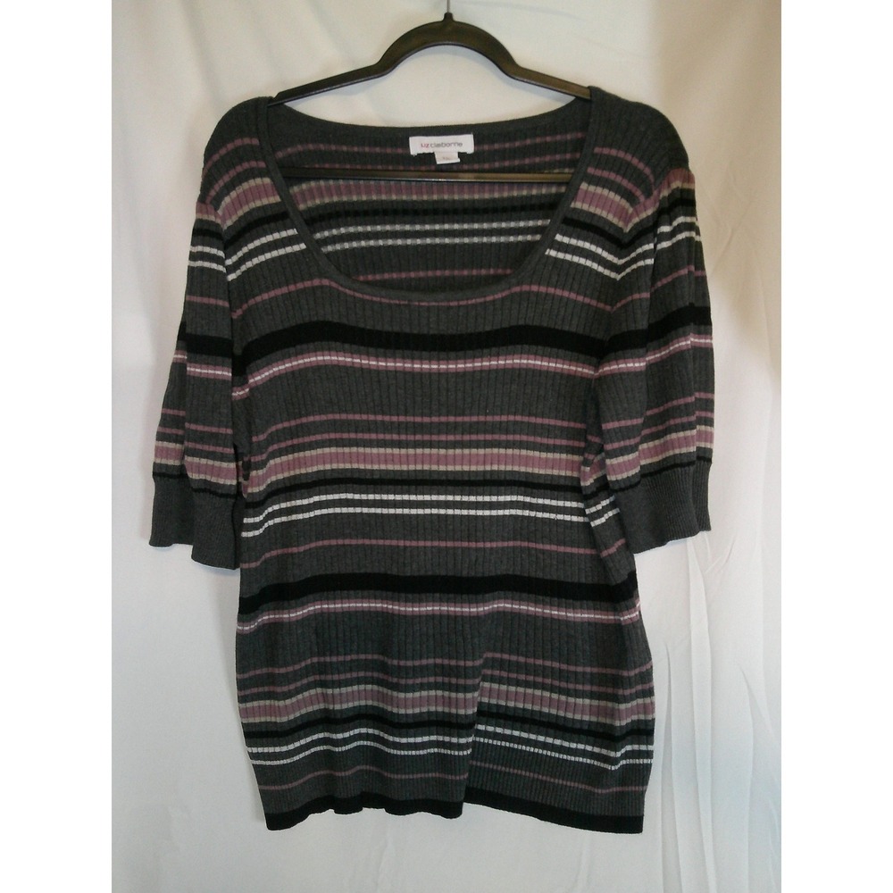 Liz Claiborne Gray Striped Ribbed Knit Top Short Sleeve Plus Size XXL NWOT